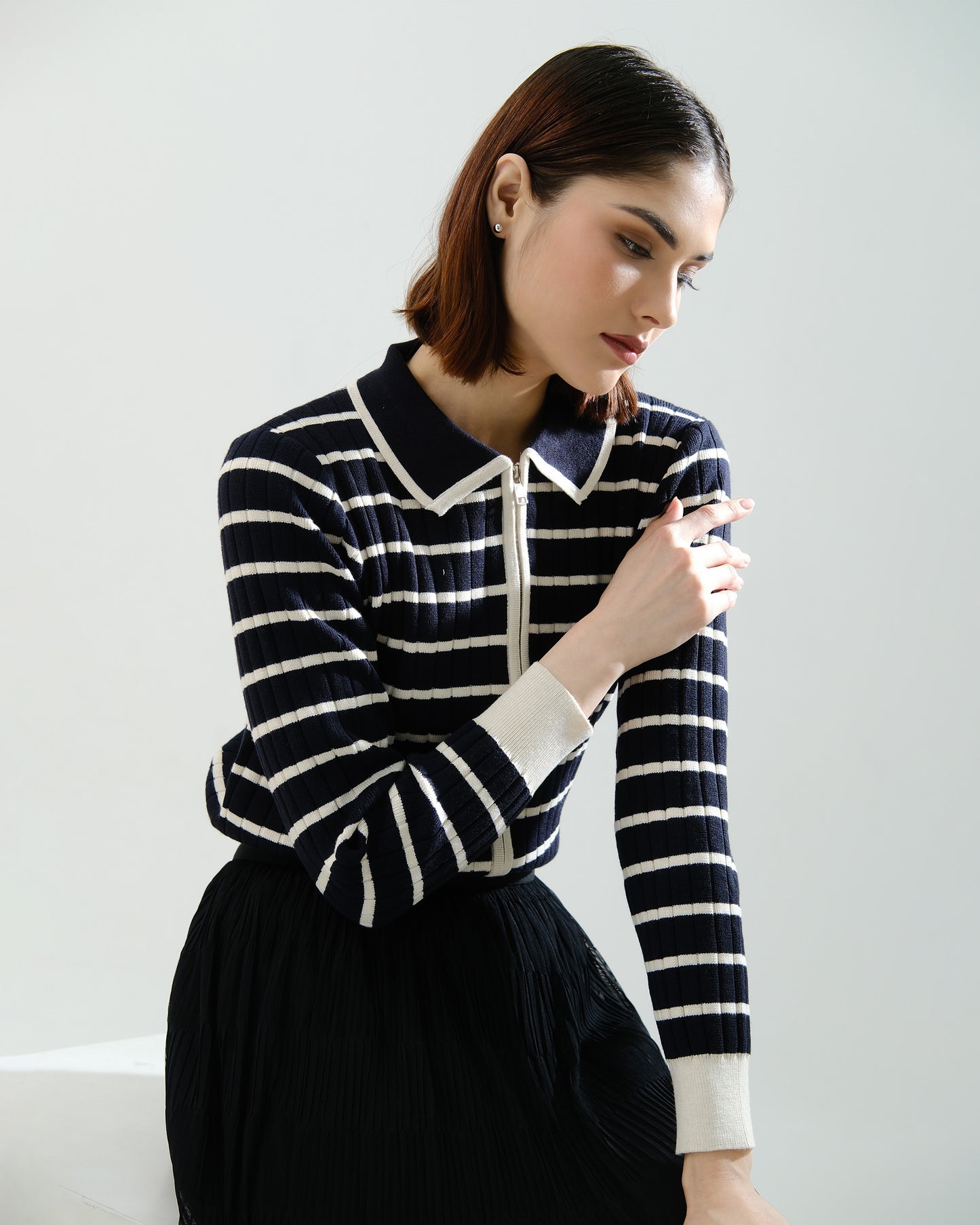 Millie Stripe Woll Knit Zipper Cardigan