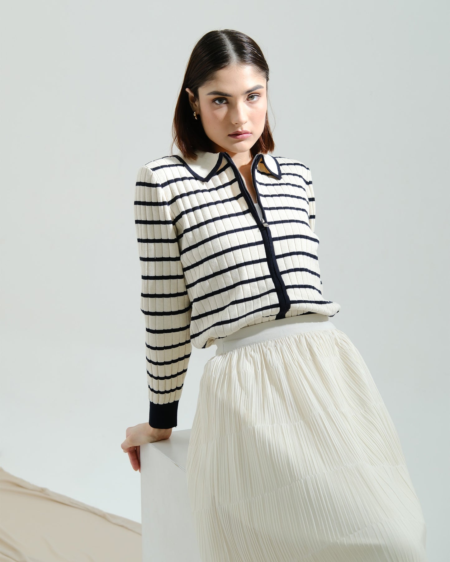 Millie Stripe Woll Knit Zipper Cardigan