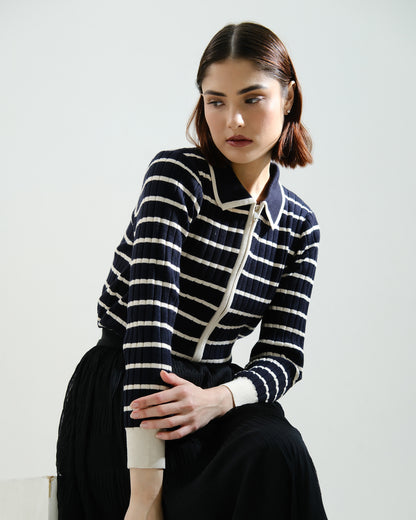 Millie Stripe Woll Knit Zipper Cardigan